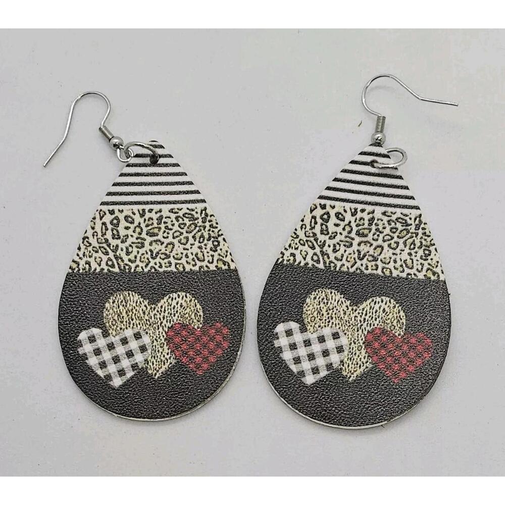 Valentine Heart Leopard‎ Checker Faux Leather Teardrop Dangle Earrings